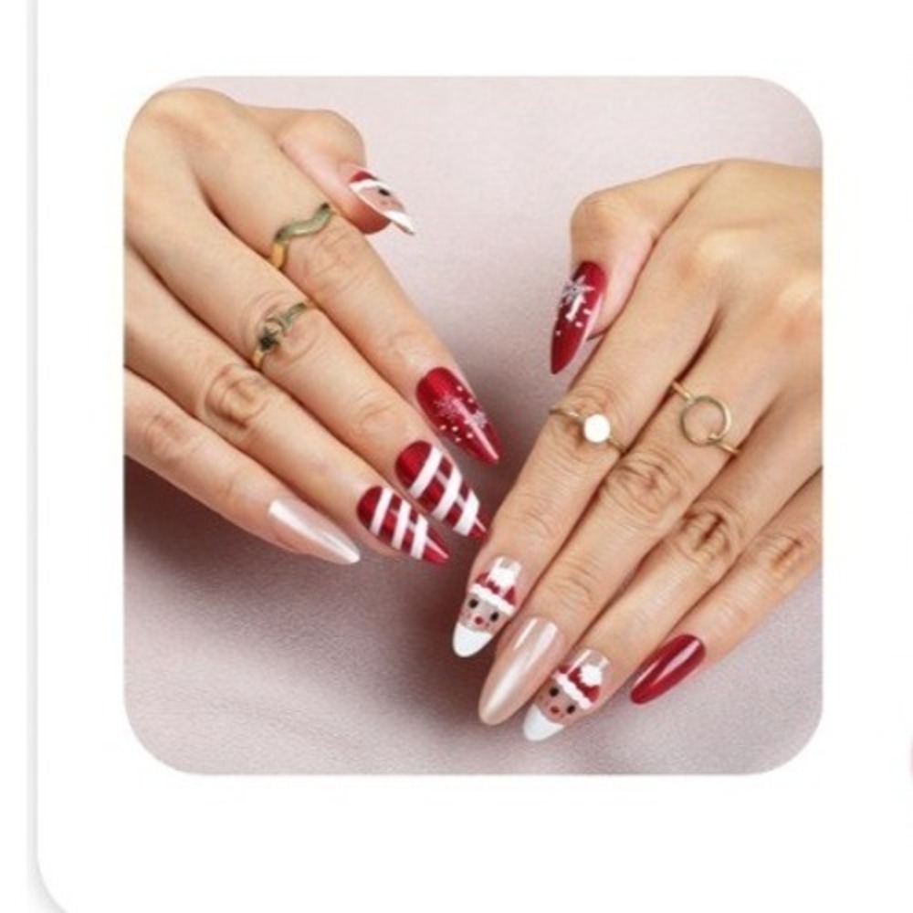 Beautiful Nail Christmas Press On Nails Almond Red White Snowflake Santa NAPN002